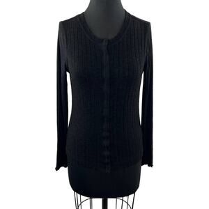 MICHAEL STARS Black Ribbed Long Sleeve Round Neck Button Down Cardigan OS